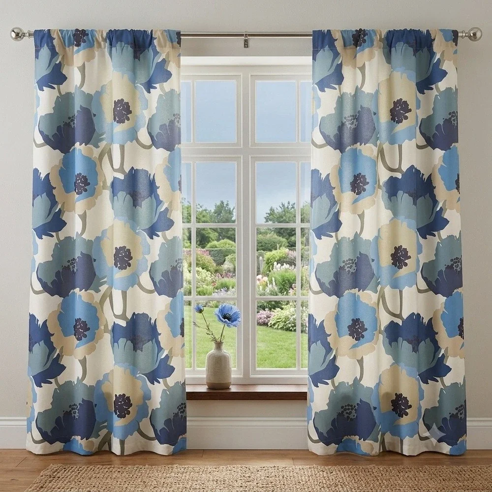Ambesonne Premium Blue Floral Poppy Window Curtains 2 Panel Set 56x84 Rod Pocket
